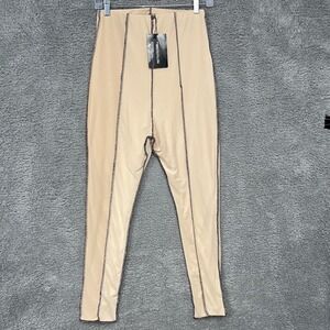 NWT Prettylittlething Women's Sz‎ 8 Beige Cropped Leggings Detailed Mesh Seams